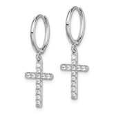 Sterling Silver Rhodium-plated CZ Cross Dangle Round Hoop Earrings